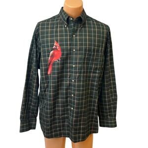 Hand Printed Upcycled Mens Large Cardinal Red Bird Plaid Button Down Shirt